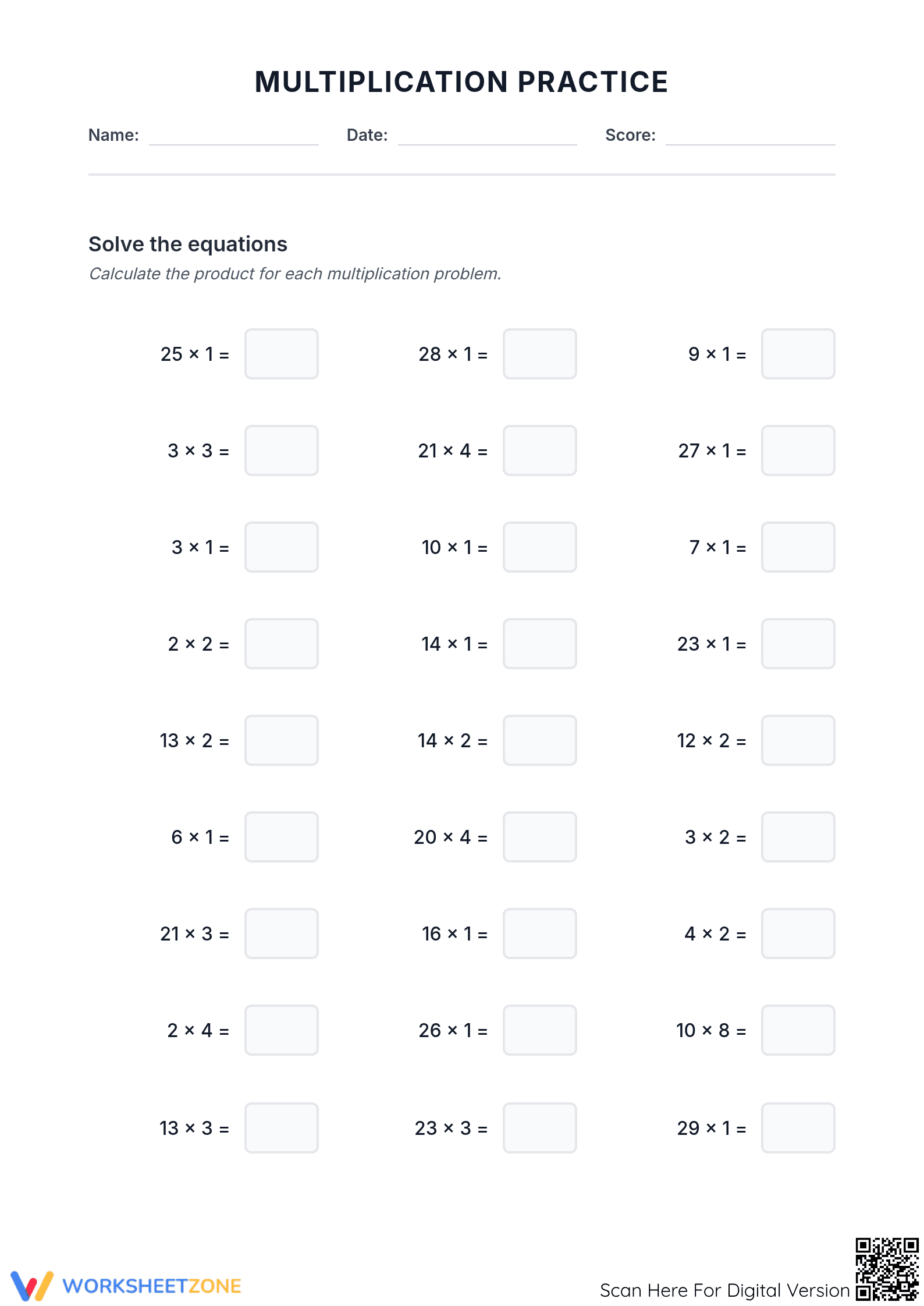 Grade 4 Multiplication — Printable No-Prep Worksheet - Page 1