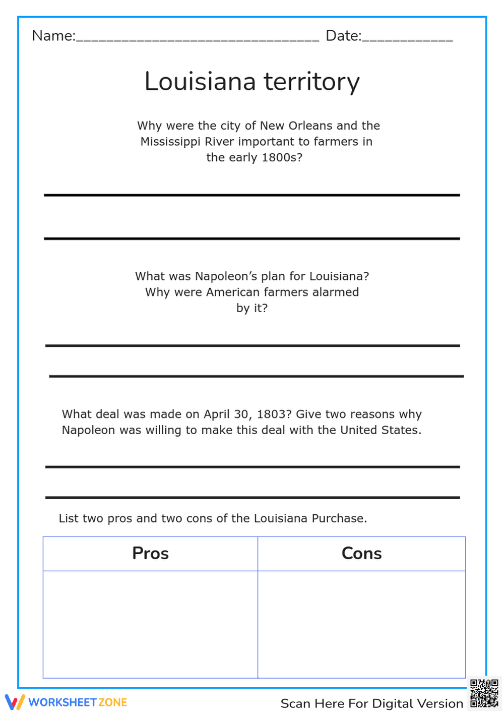 Louisiana Territory – Early U.S. History Worksheet - Page 1