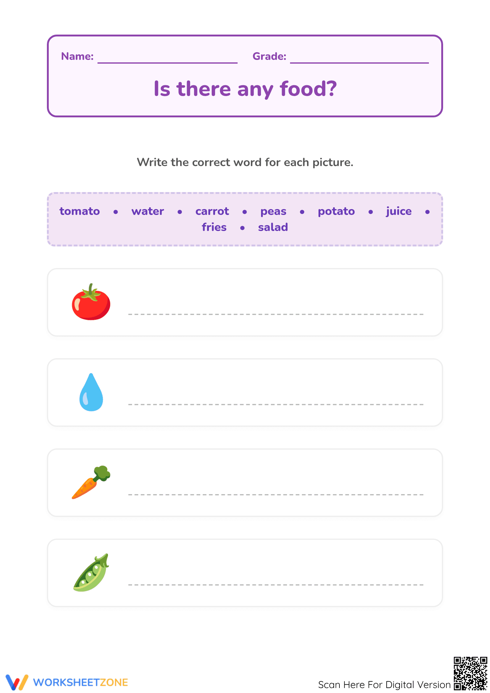 Food Vocabulary Printable Worksheet | Grade 1 ELA - Page 1