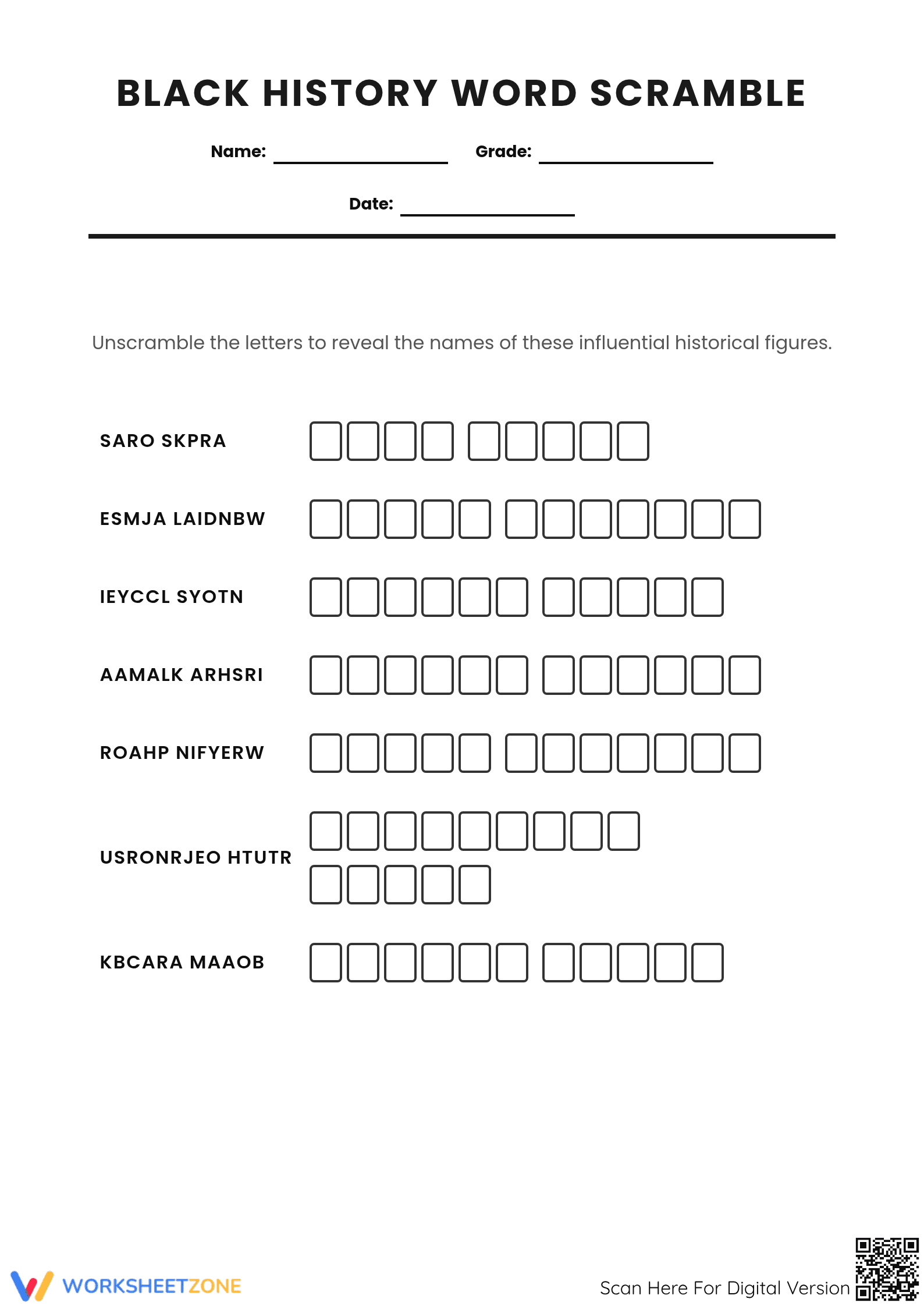 Black History Word Scramble | Grade 4-5 Printable - Page 1