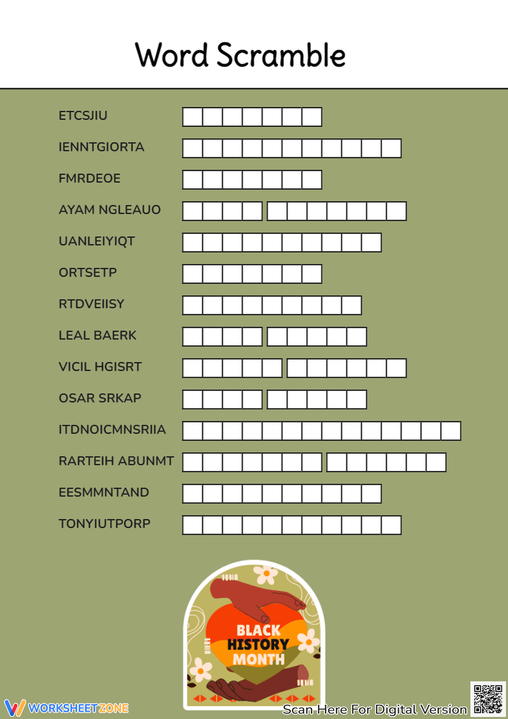 Black History Month Word Scramble | Essential Grade 4 ELA - Page 1