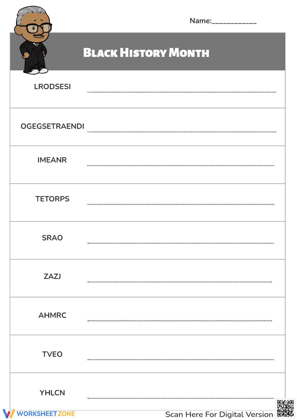 Black History Month Word Scramble | Printable Grade 3 ELA - Page 1