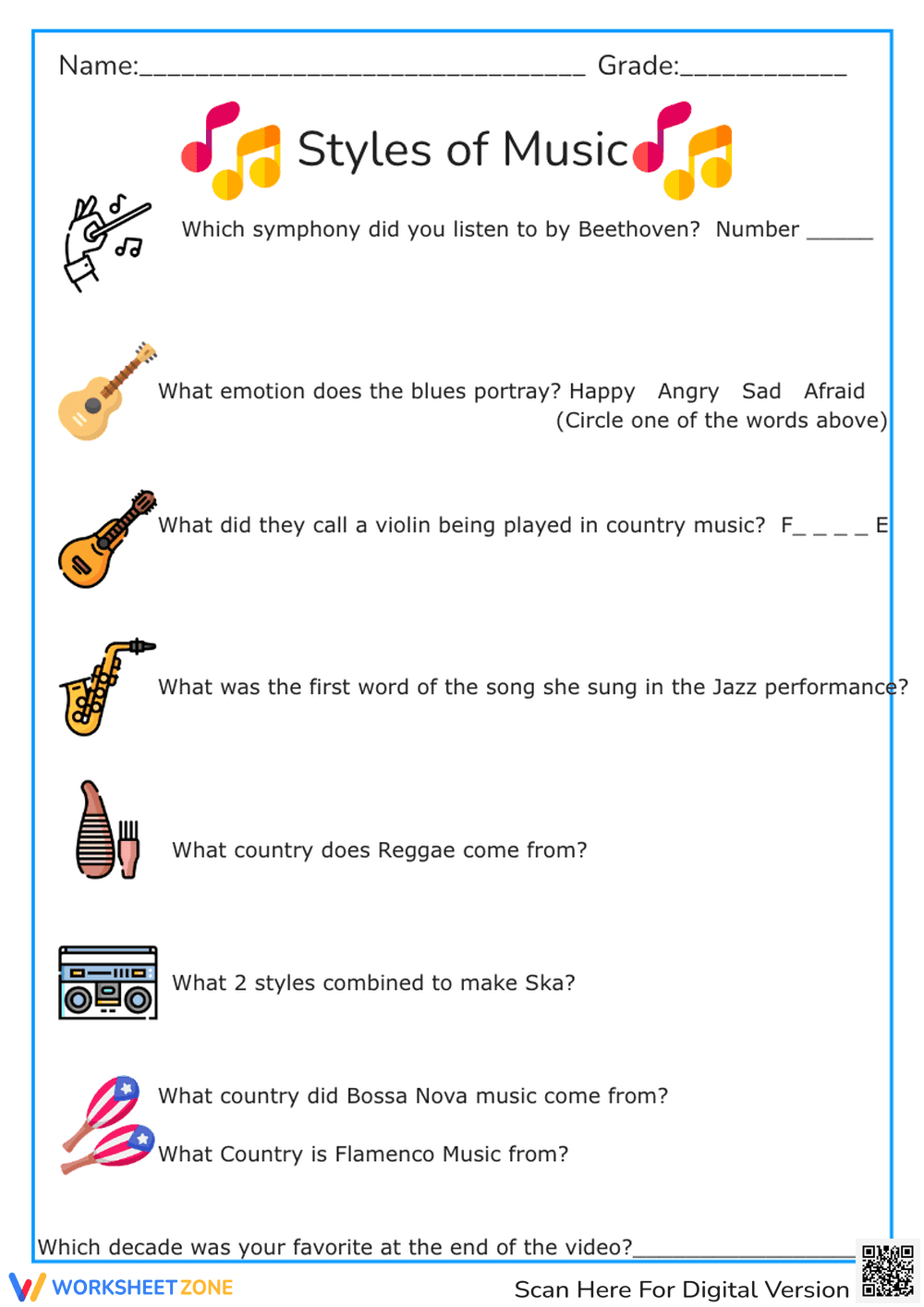 Essential Styles of Music Worksheet | Grade 4-5 - Page 1