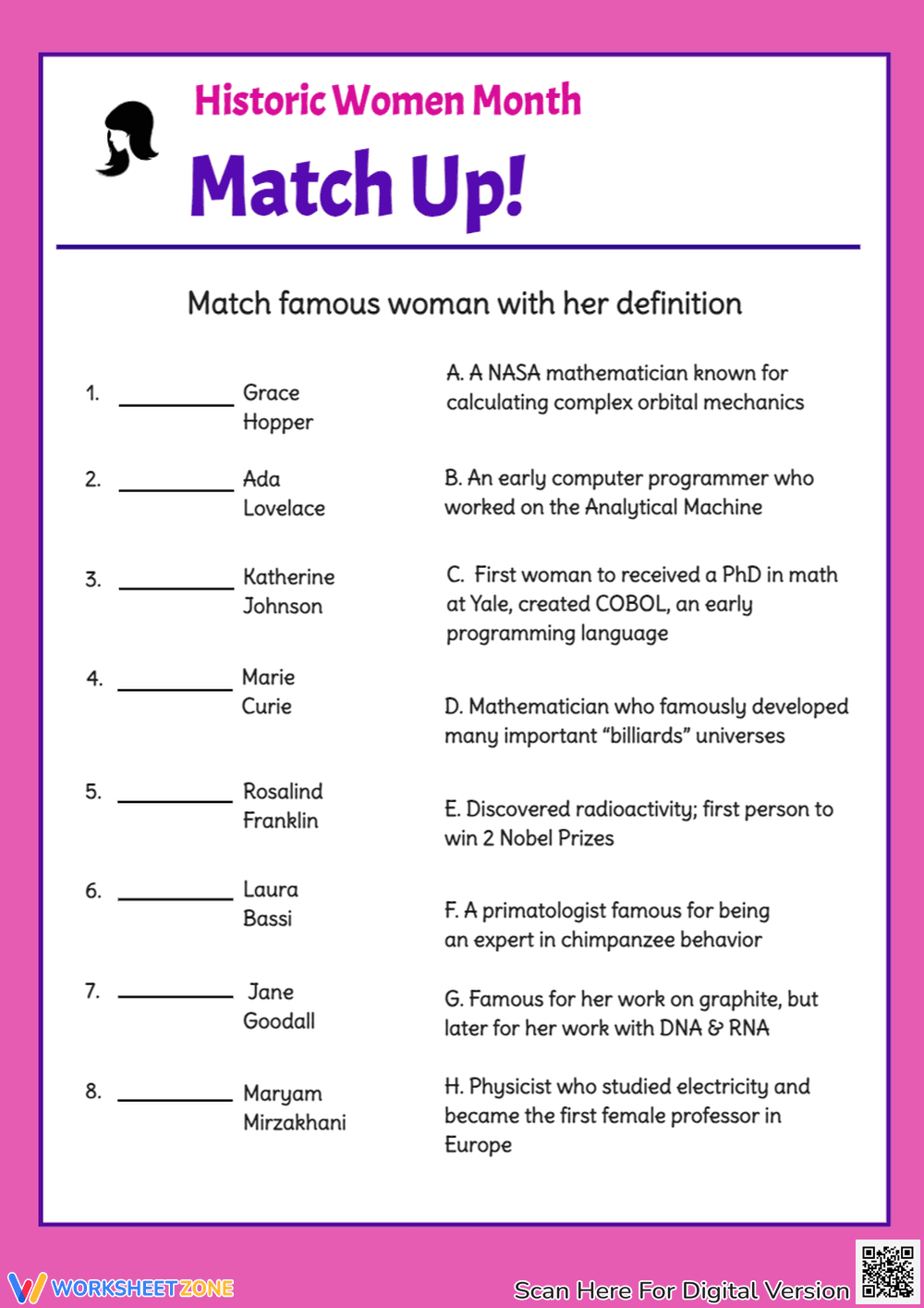 Women's History Month Matching | Grade 7-8 Essential - Page 1