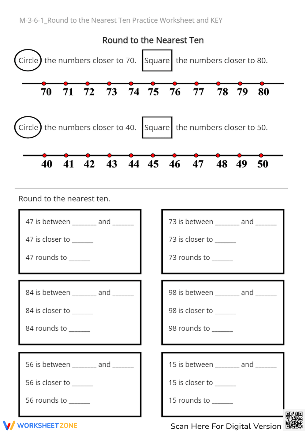 M-3-6-1_Round to Nearest Ten Practice Worksheet and KEY - Page 1