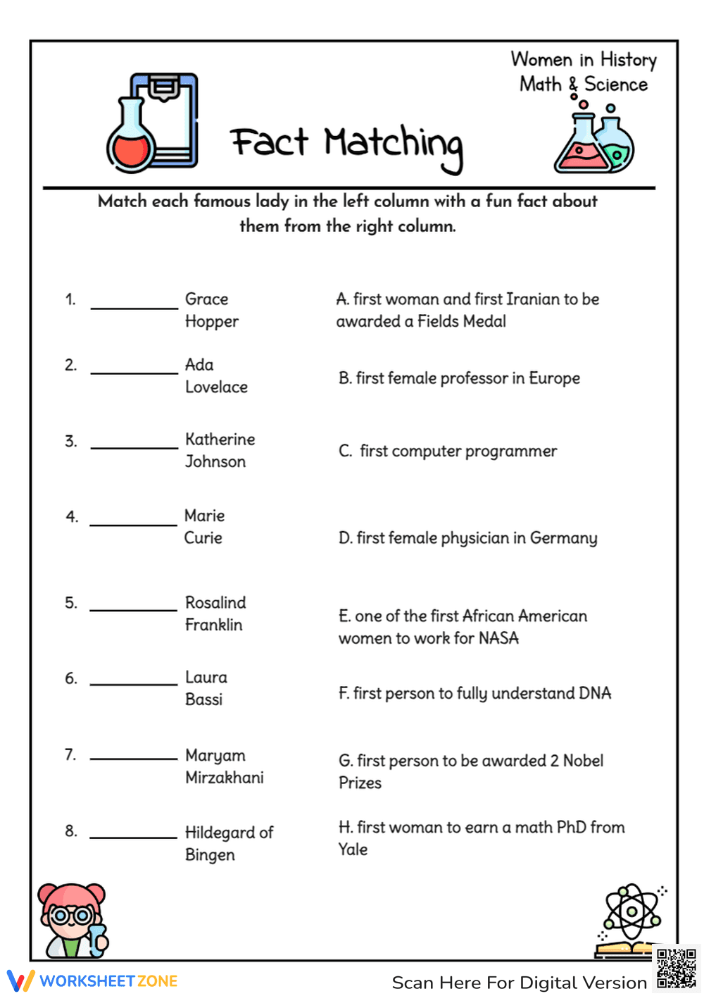 Women in History Matching | Essential Grade 3 Worksheet - Page 1