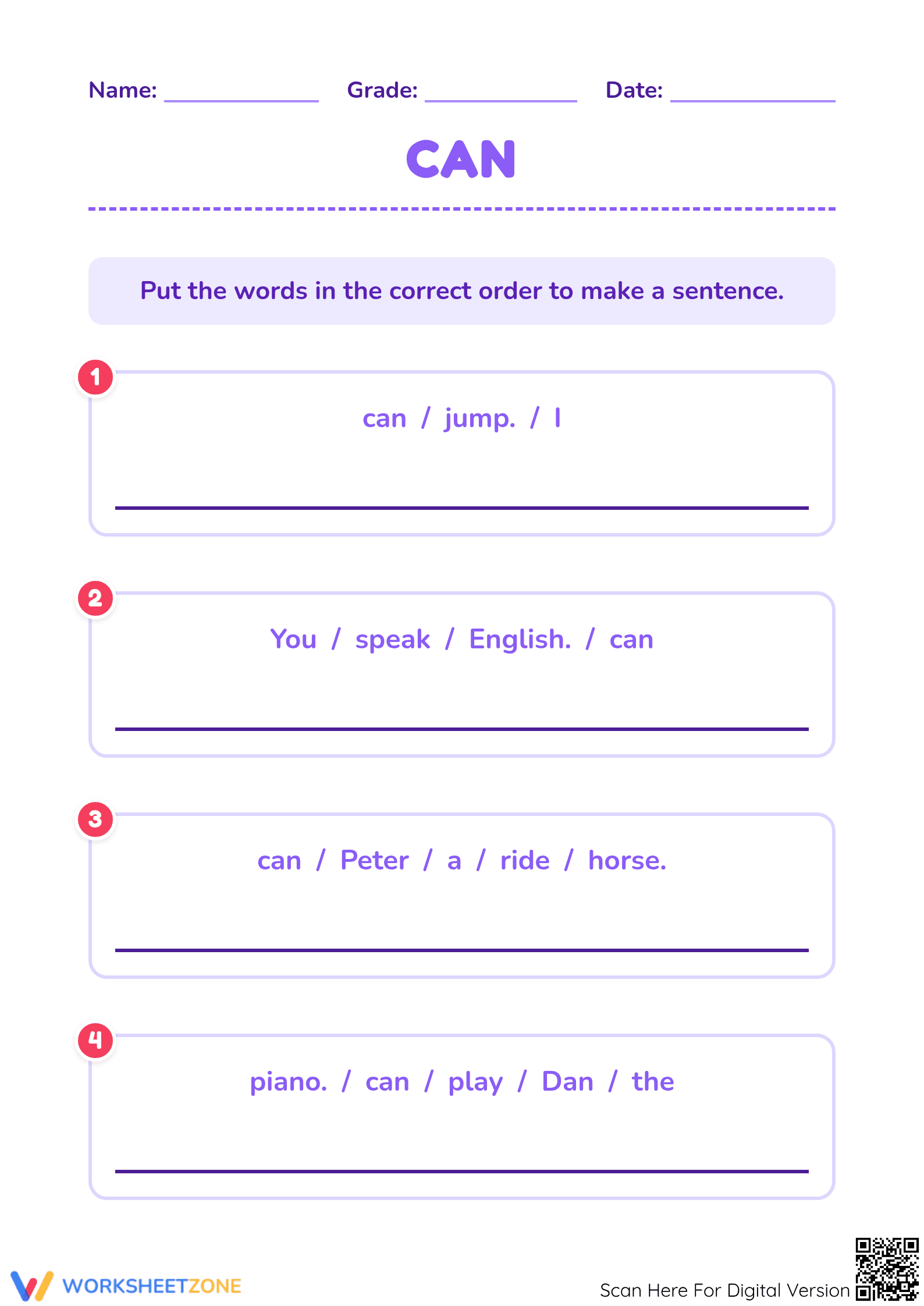 "Can" Sentence Scramble | Grade 1-2 Essential Worksheet - Page 1