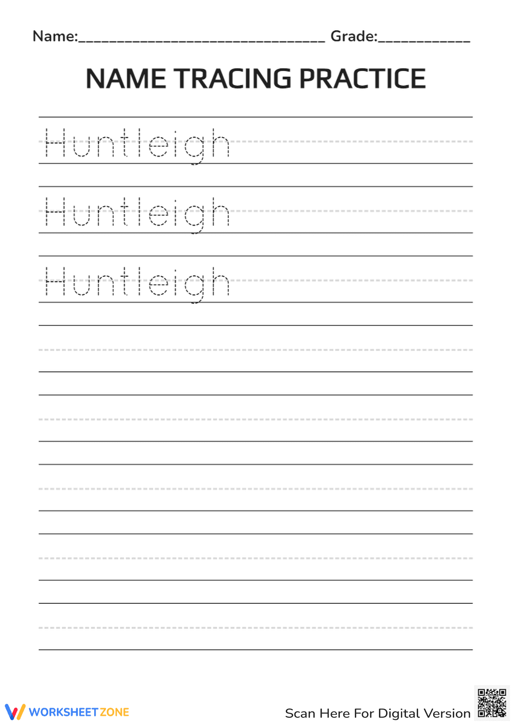 Build Writing Skills with Name Tracing: 'Huntleigh' - Page 1