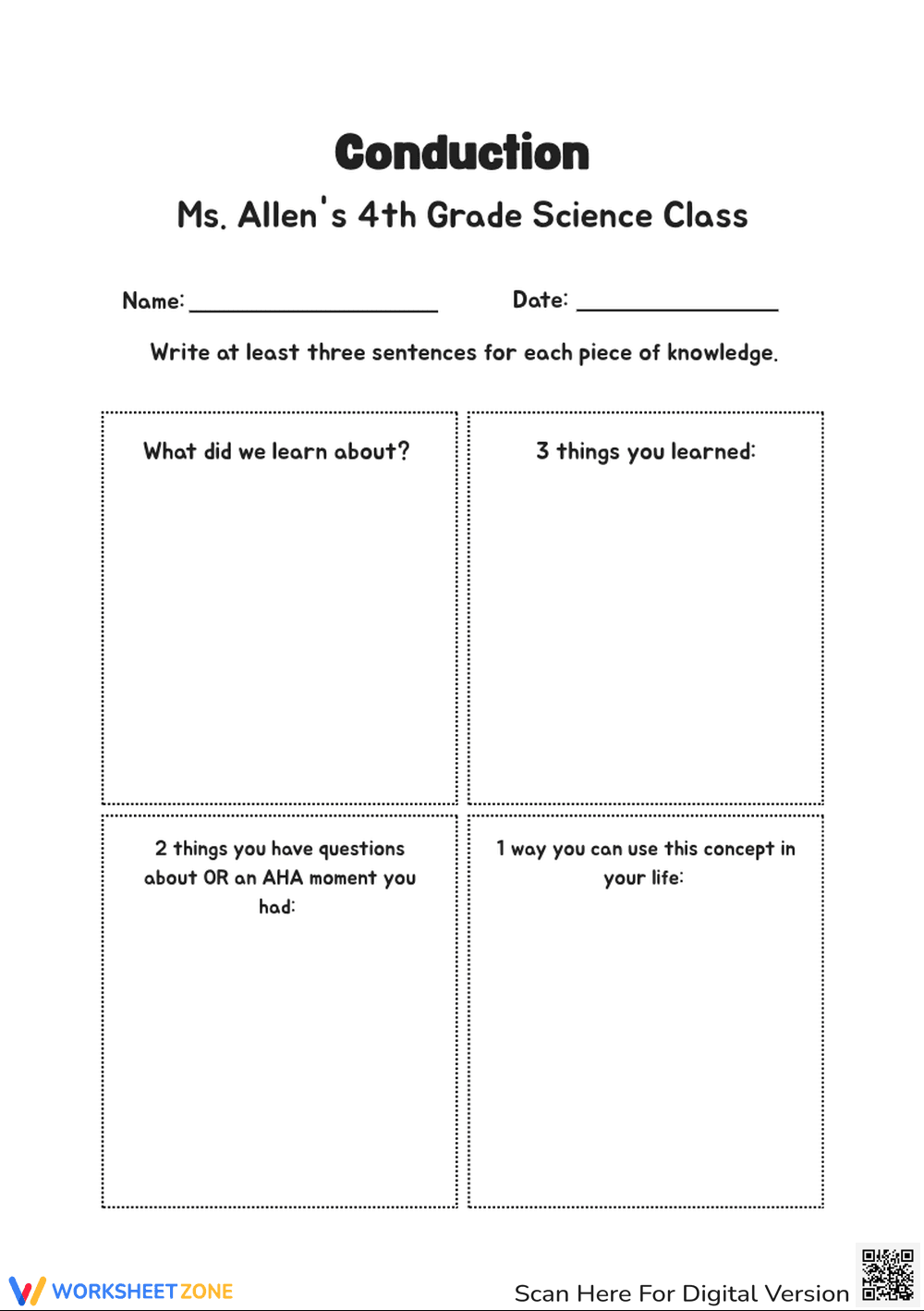 Conduction Worksheet | Grade 4 Science Printable Ready - Page 1