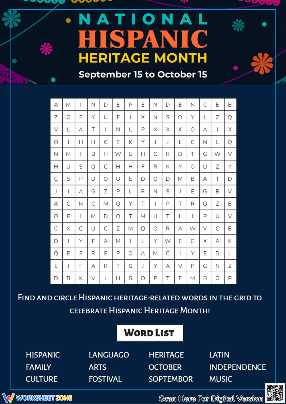 Hispanic Heritage Month Word Search - Printable Puzzle Fun - Page 1