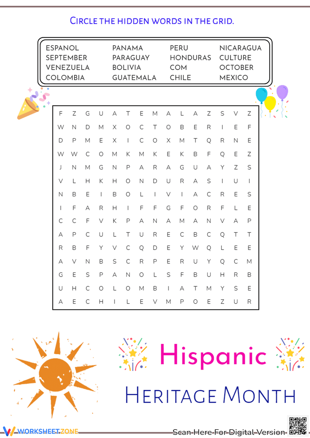 Hispanic Heritage Month Word Search | Printable Grade 6 - Page 1
