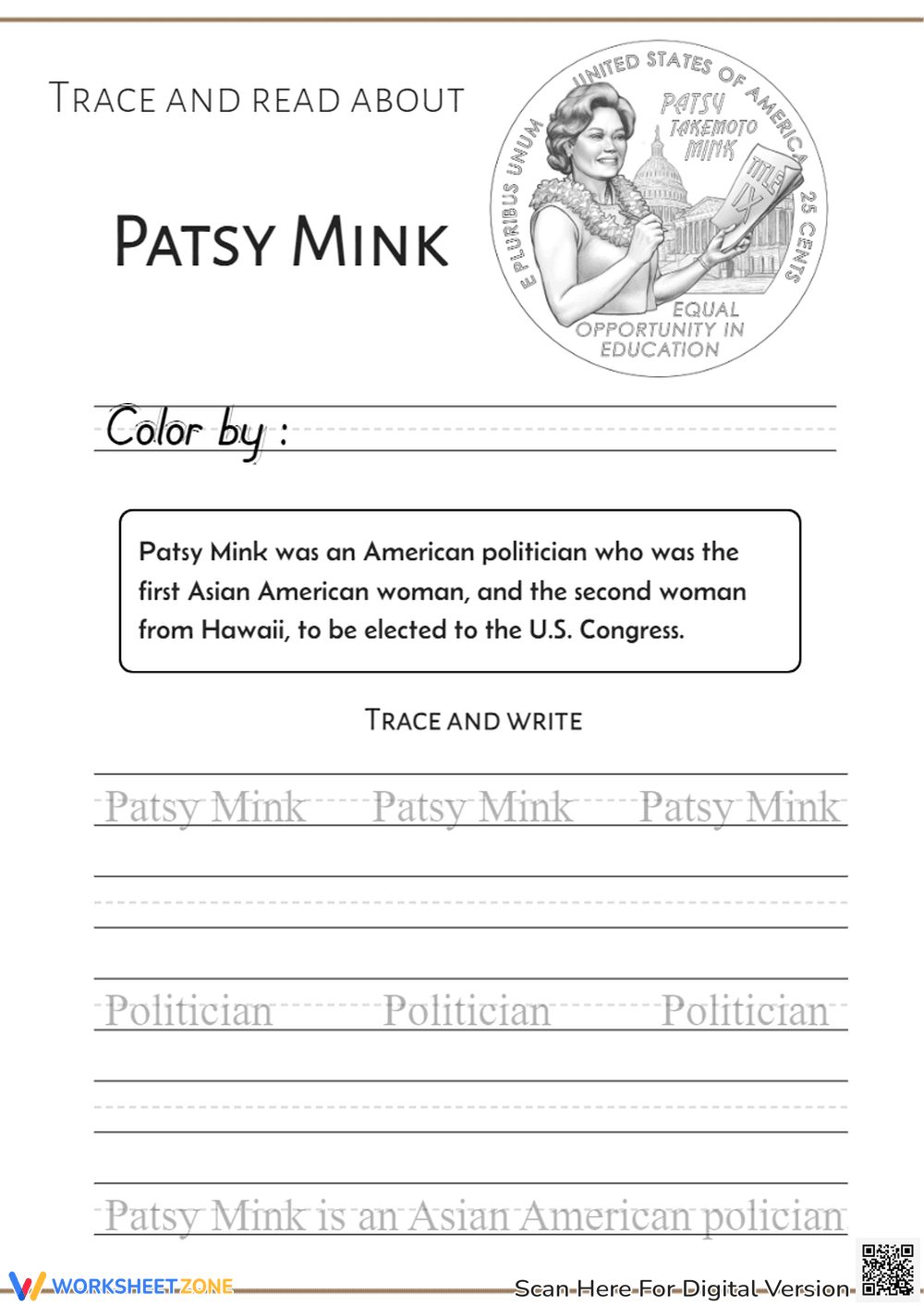 Patsy Mink Handwriting Worksheet | Grade 2-3 Ready - Page 1