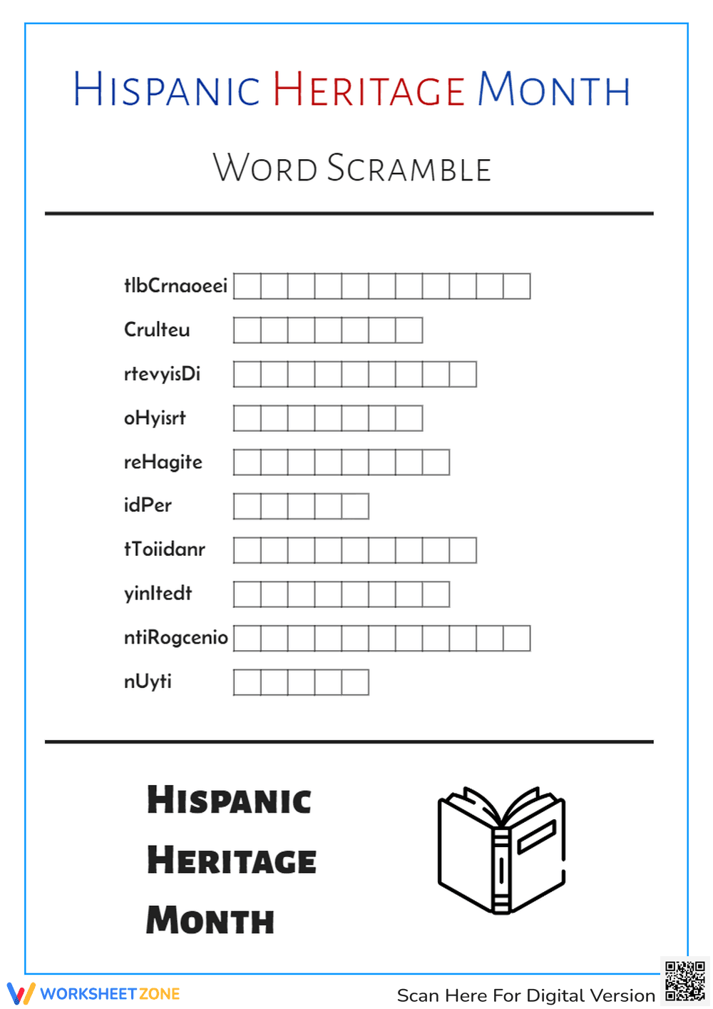 Hispanic Heritage Month Word Scramble - Grades 3-6 Activity - Page 1