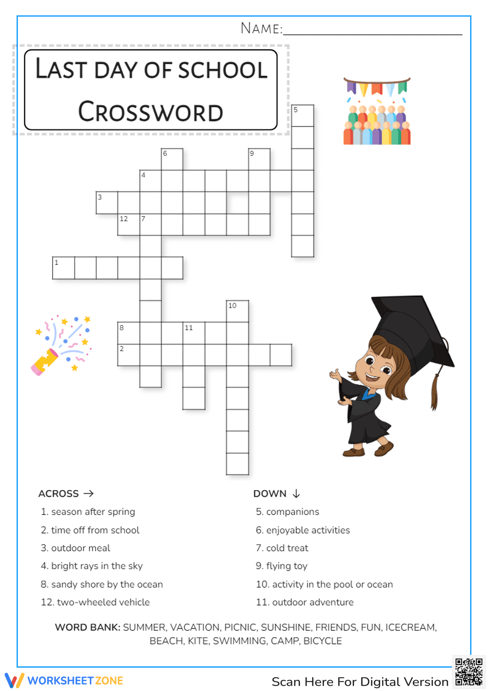 Last Day of School Crossword - Summer Fun Vocabulary Puzzle - Page 1