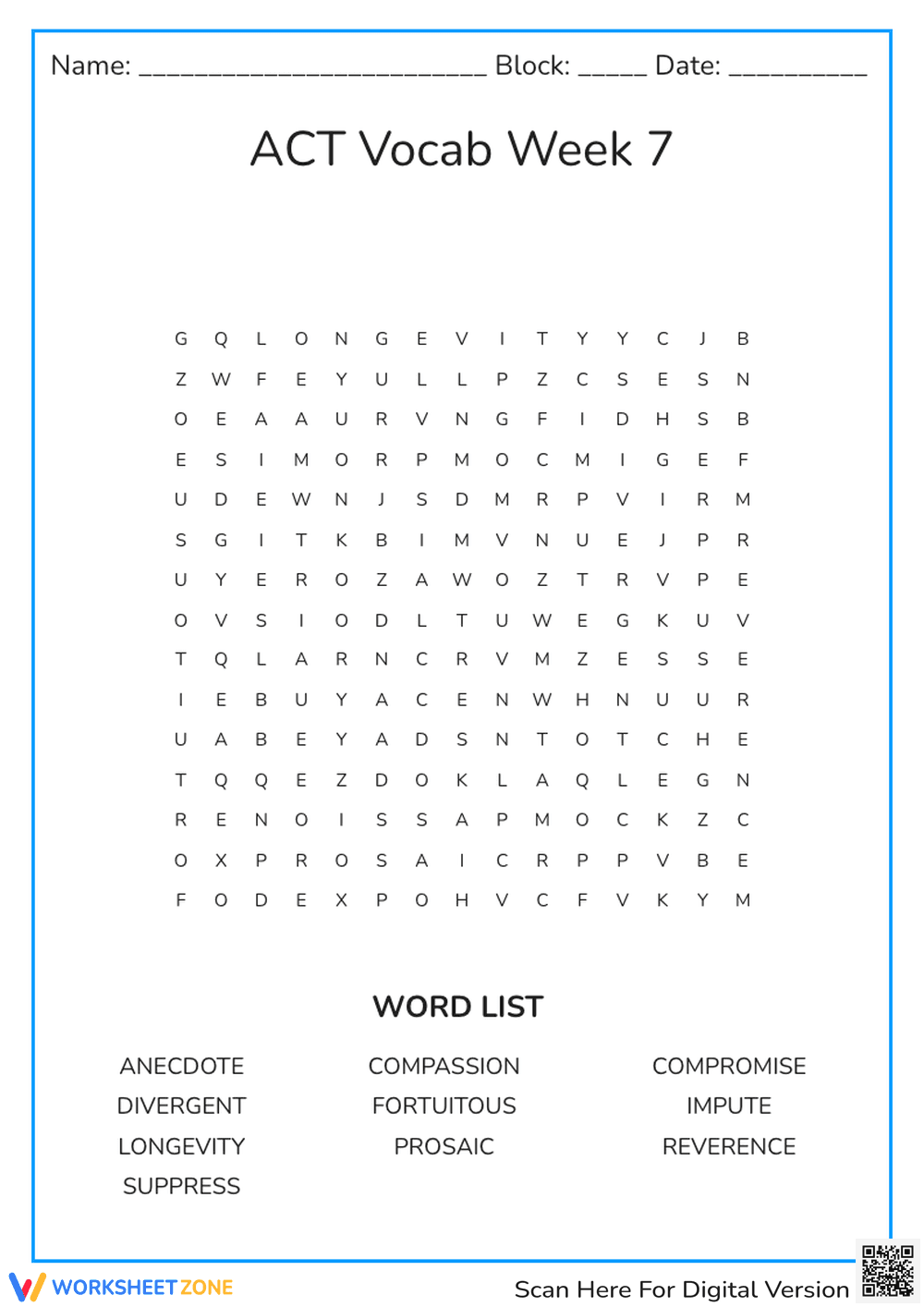 Grade 9 ACT Vocabulary Week 7 — Printable Worksheet - Page 1