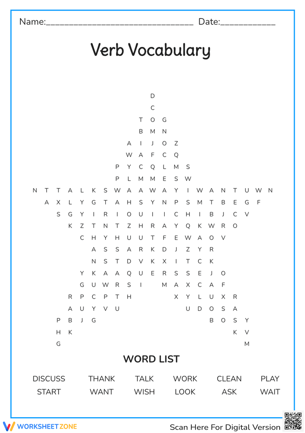Verb Vocabulary Star Word Search Worksheet - Page 1
