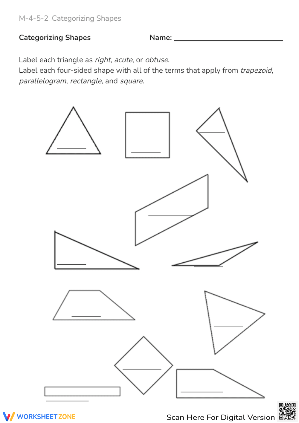 Geometry Shape Sort: Identify Triangles & Quadrilaterals! - Page 1