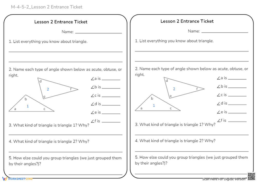 Triangles Worksheet: Identify & Classify Angles - Grades 4-5 - Page 1