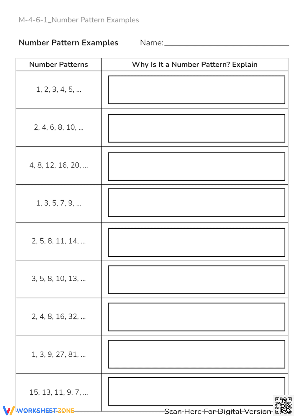 Number Pattern Worksheet: Find & Explain the Sequence! (Grades 4-6) - Page 1