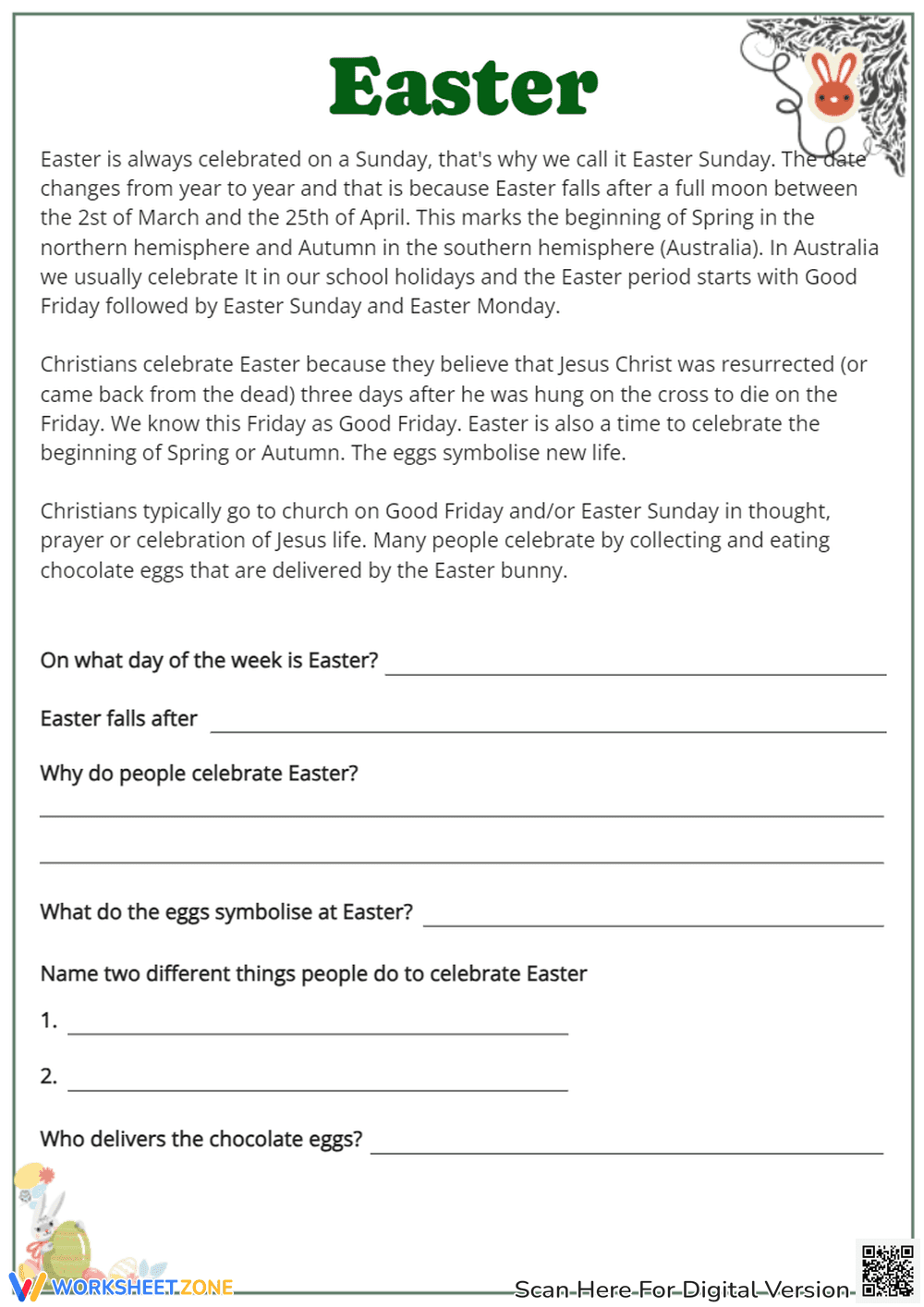 Easter Comprehension Worksheet - Page 1
