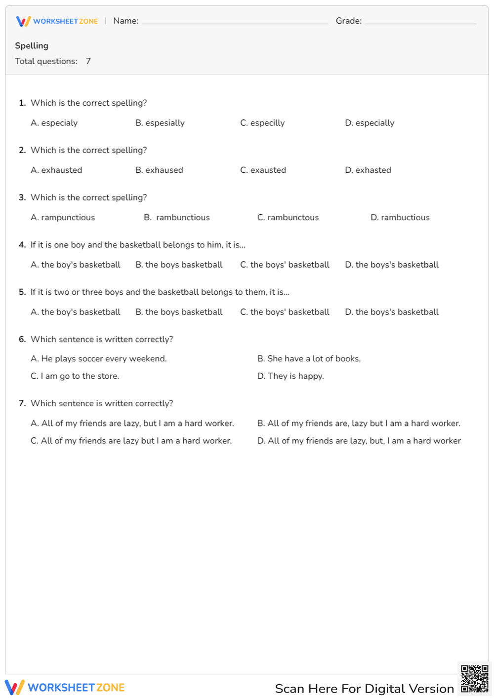 Spelling and Grammar Practice Worksheet - Page 1