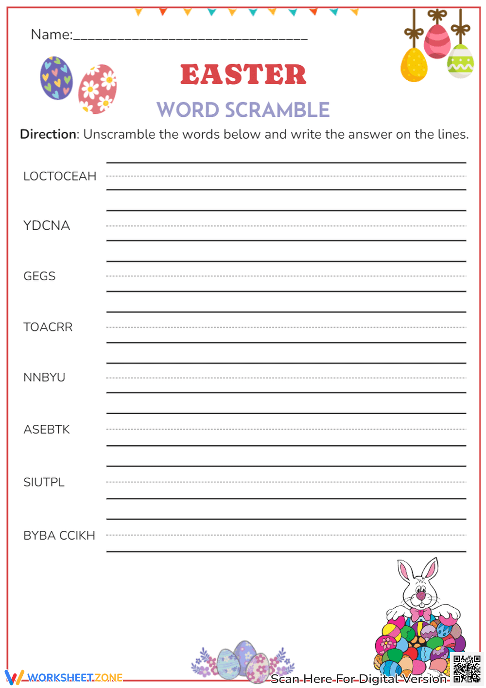 Easter Word Scramble Worksheet - Fun Holiday Vocabulary Game - Page 1