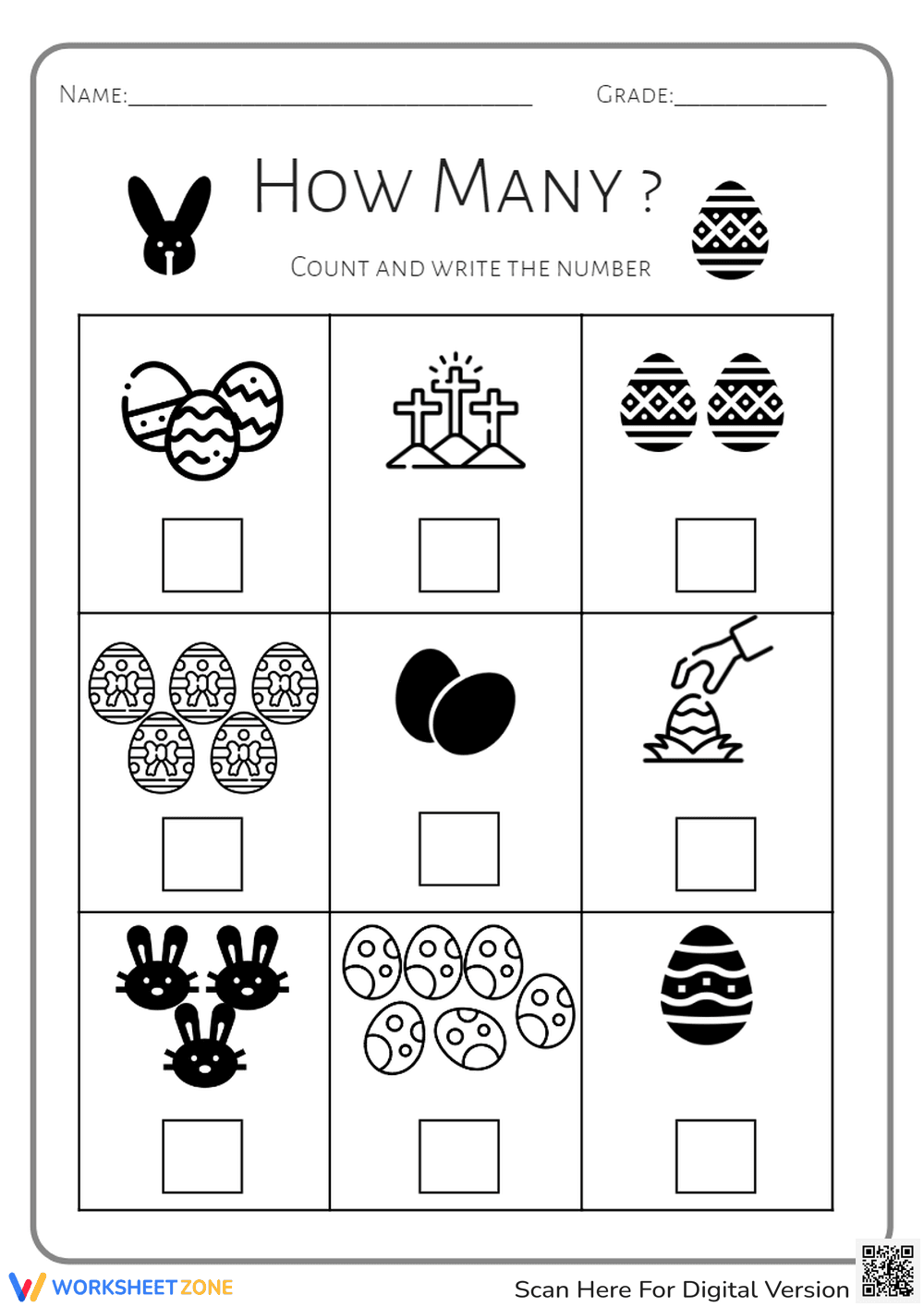 Easter Counting Practice - How Many Eggs & Bunnies? Worksheet - Page 1