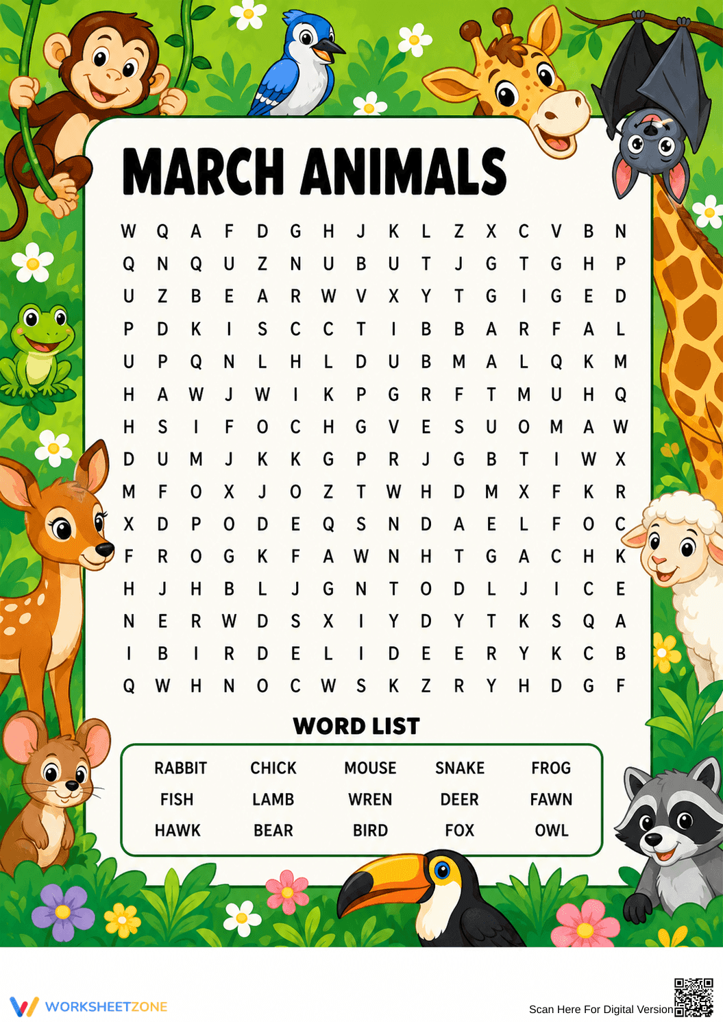 Essential March Animals Word Search | Grade 3-4 ELA - Page 1