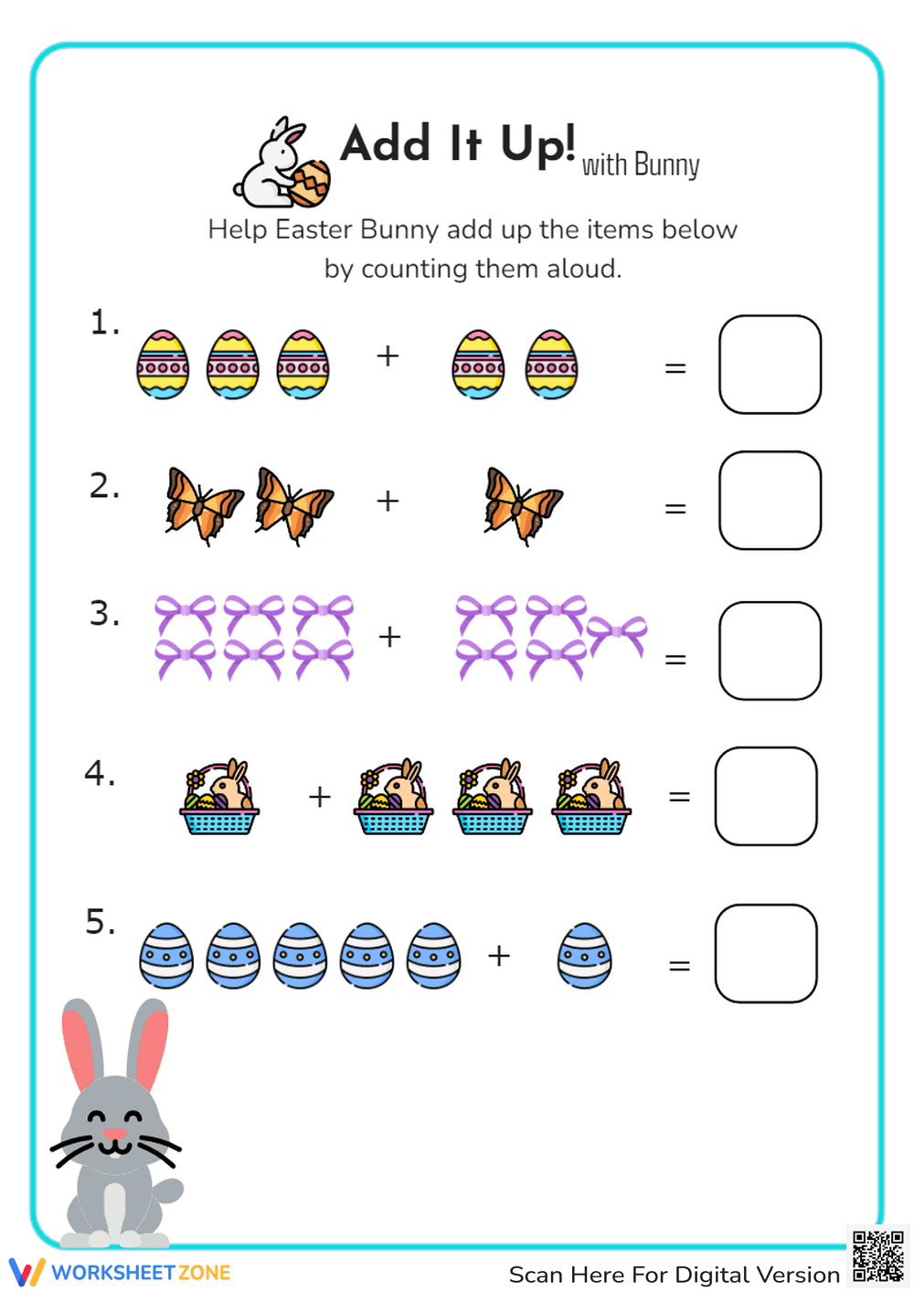 Easter Addition Worksheet - Bunny Math for Pre-K & Kinder - Page 1