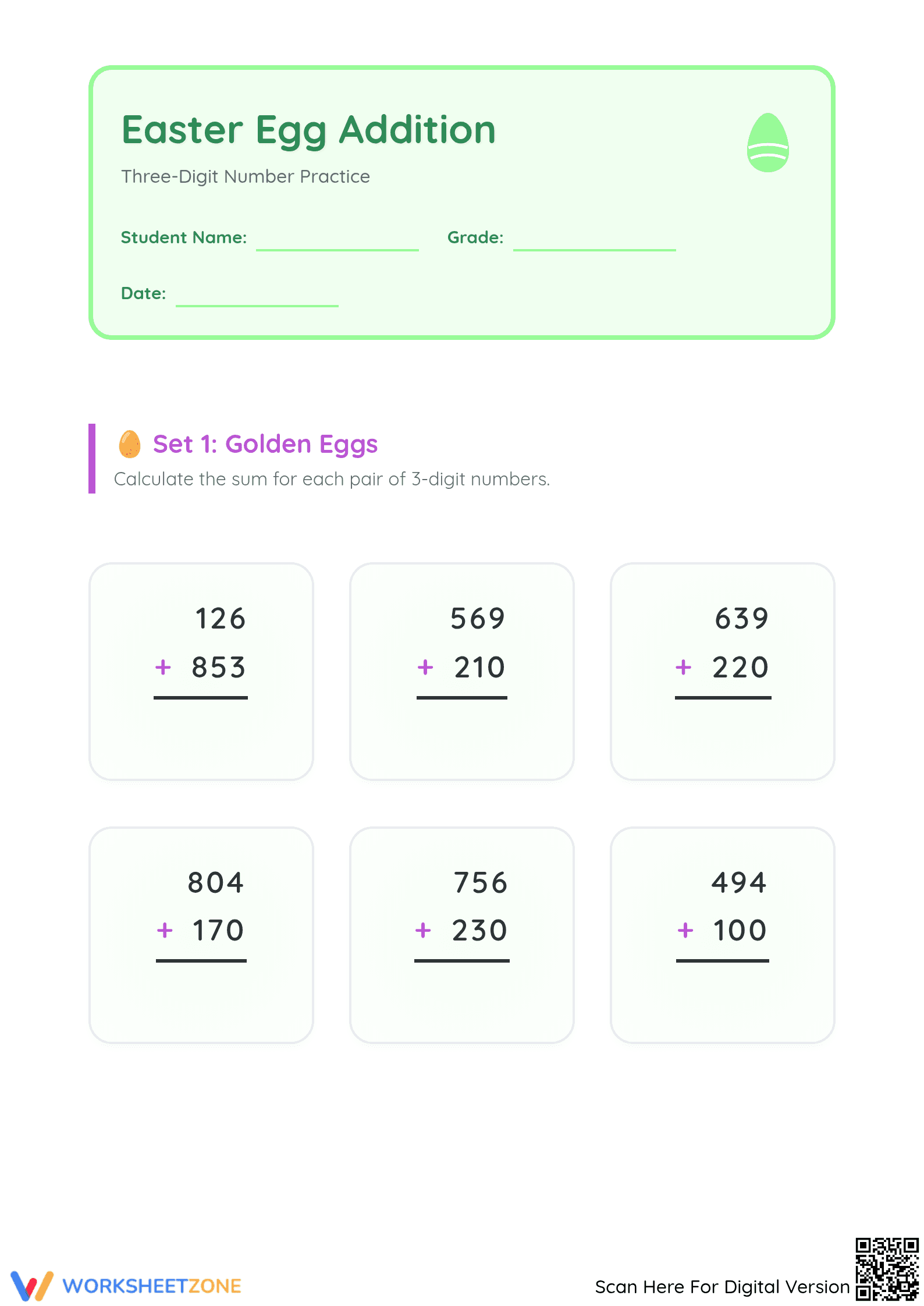 Three-Digit Addition Worksheet | Grade 2 Math Printable - Page 1
