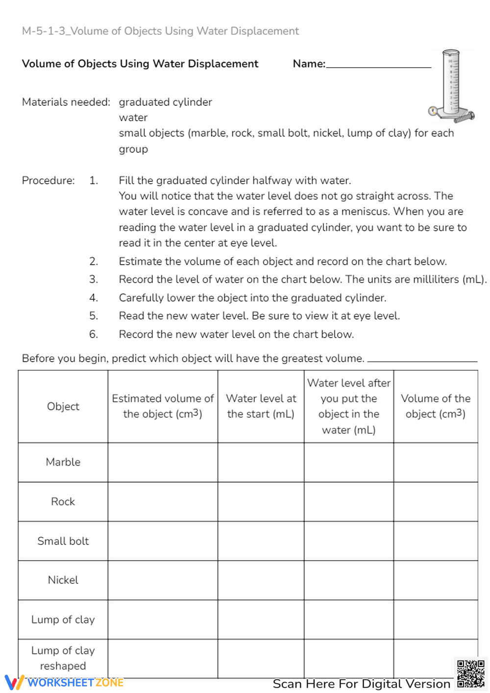 Hands-On Volume Measurement Worksheet - Page 1