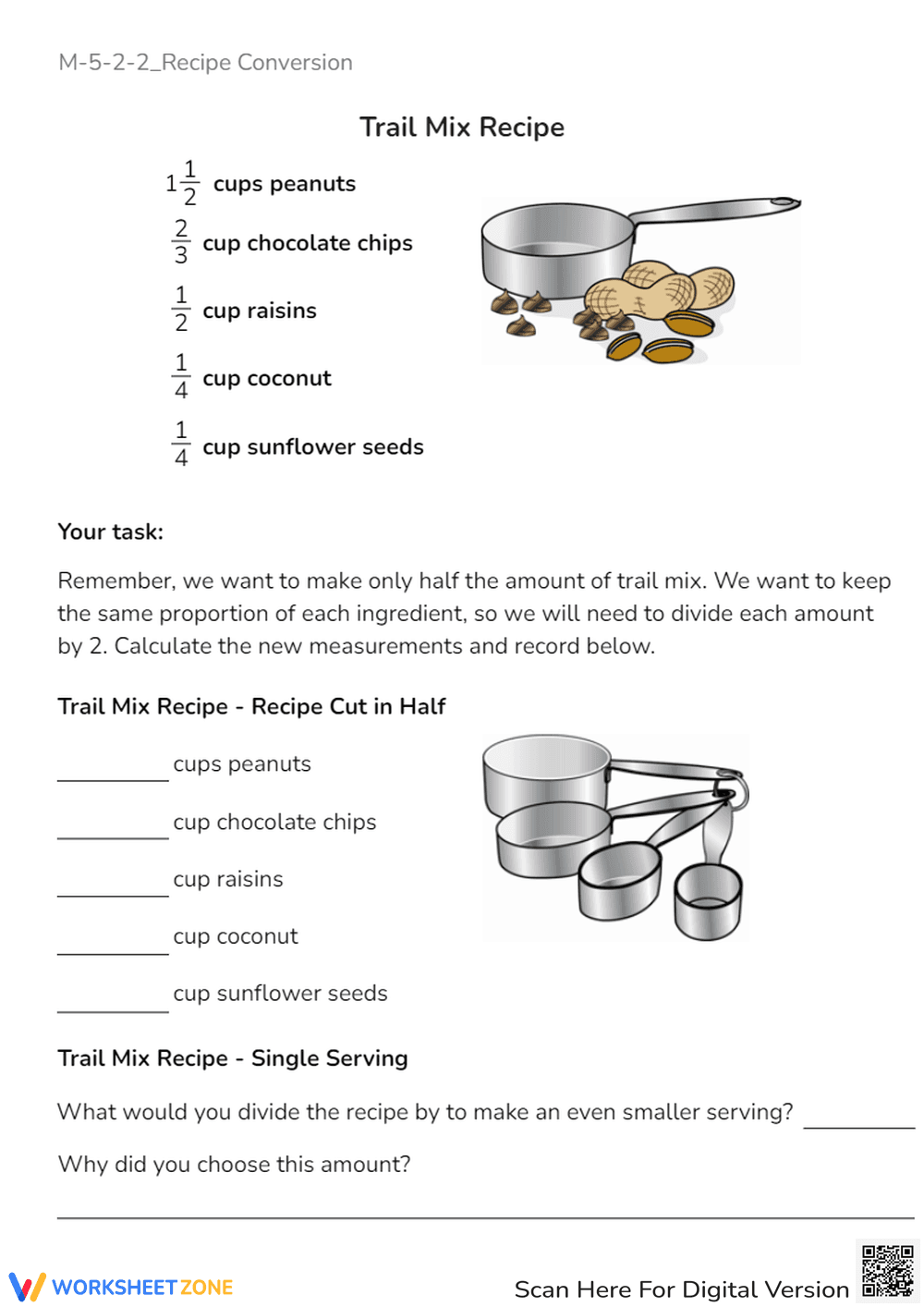 Recipe Fractions: Halving Trail Mix - Math Conversion Worksheet - Page 1