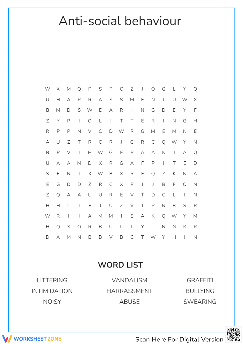 Grade 8 Anti-Social Behaviour — Printable Word Search - Page 1