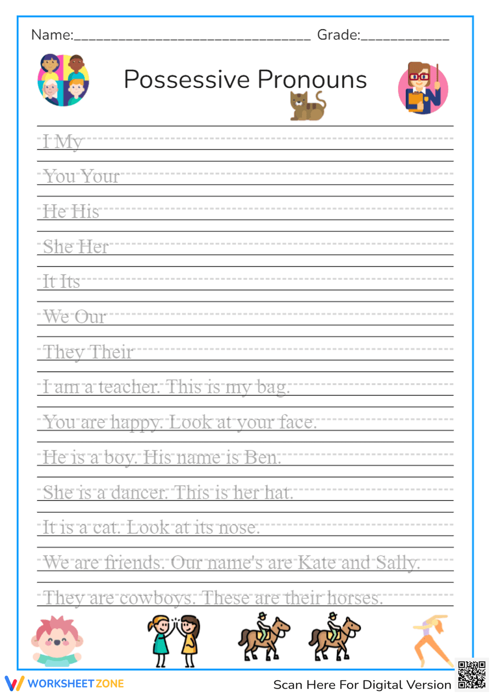 Tracing Possessive Pronouns Worksheet for Kids - Page 1