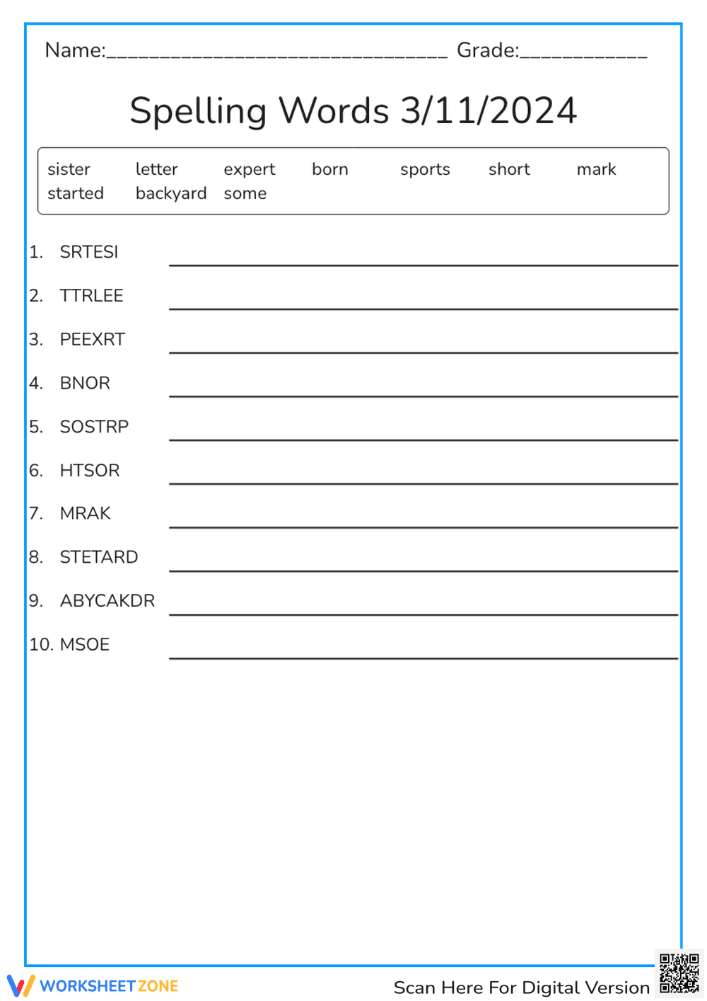Spelling words 3/11/2024 Word Scramble - Page 1
