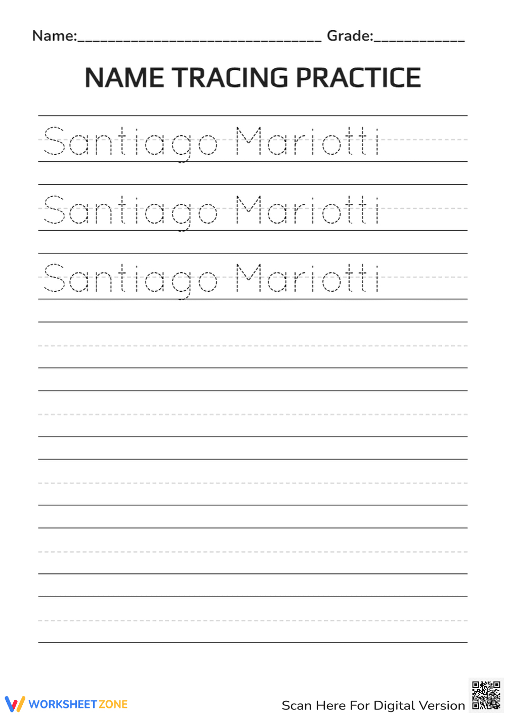 Name Tracing Practice for 'Santiago Mariotti' - Page 1