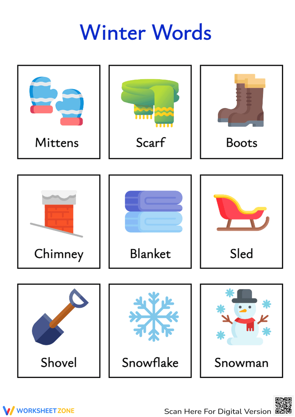 Winter Vocabulary Worksheet - Learn Winter Words with Pictures - Page 1