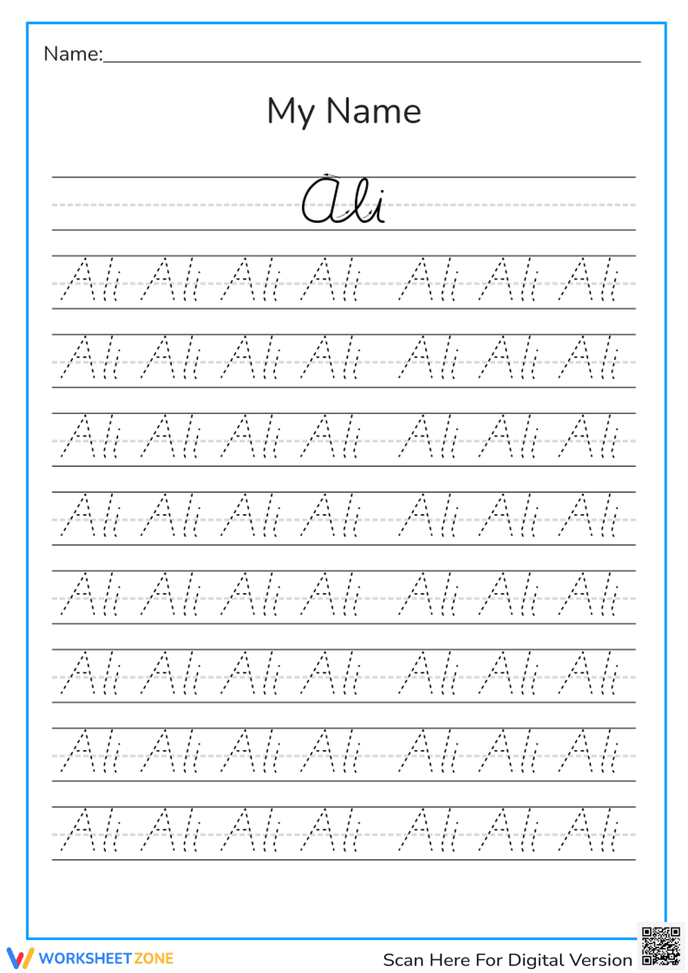 Name Tracing Worksheet: Ali | Essential Grade K-1 - Page 1