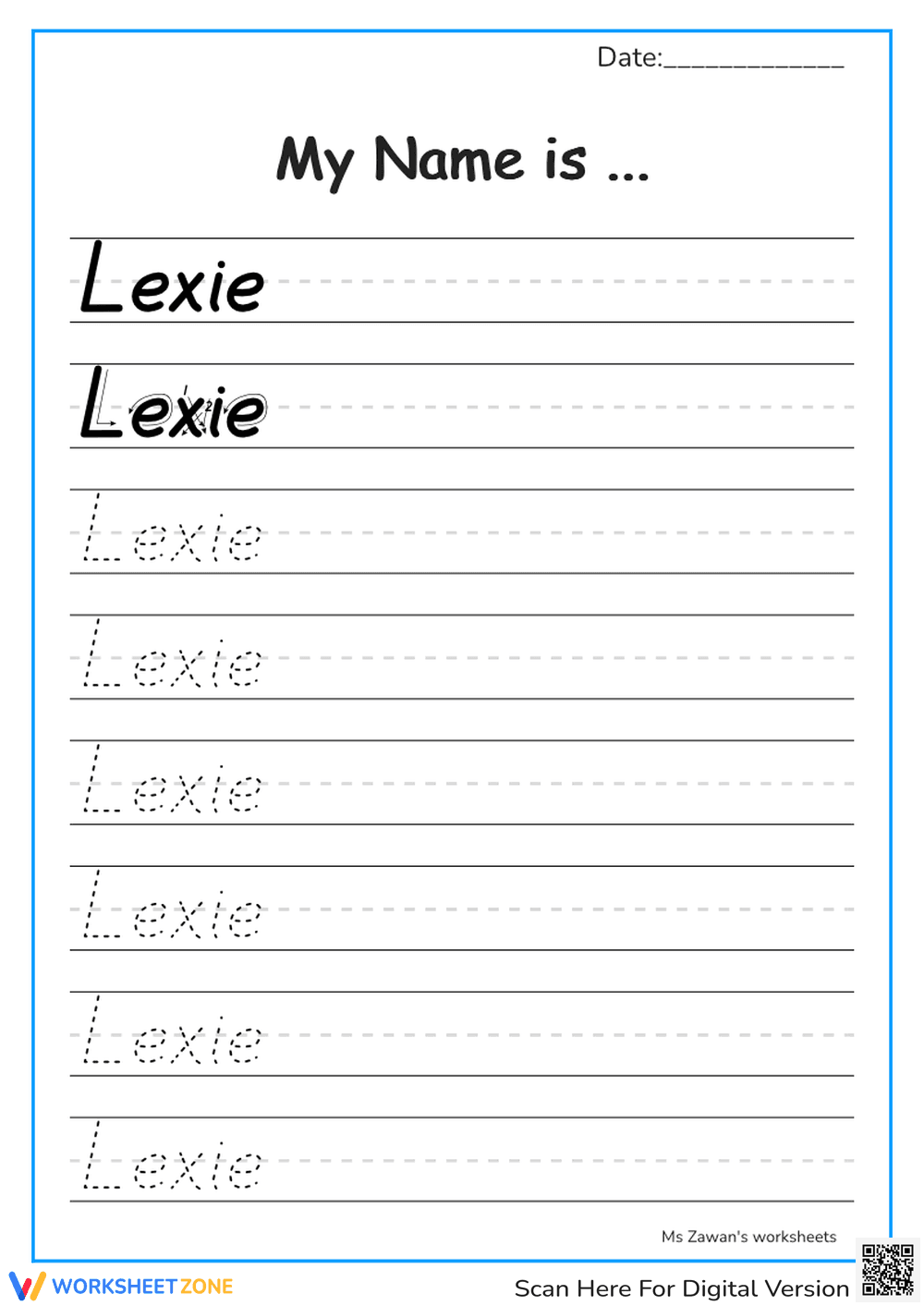 FREE Printable Name Tracing Worksheet: Lexie - Page 1