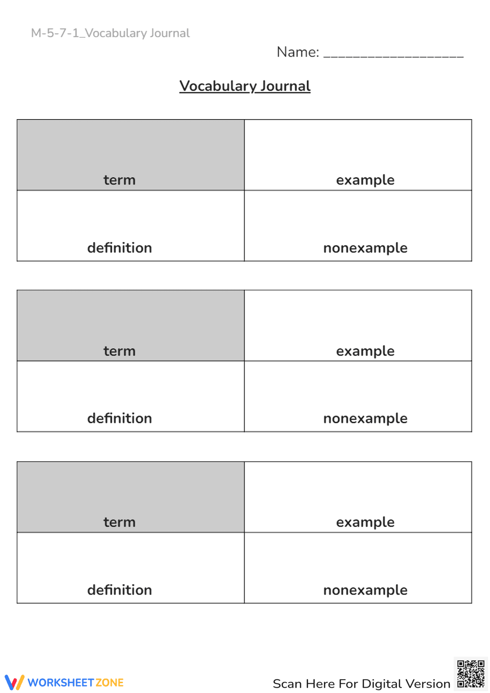Vocabulary Journal Worksheet - Define, Example, Non-Example - Page 1
