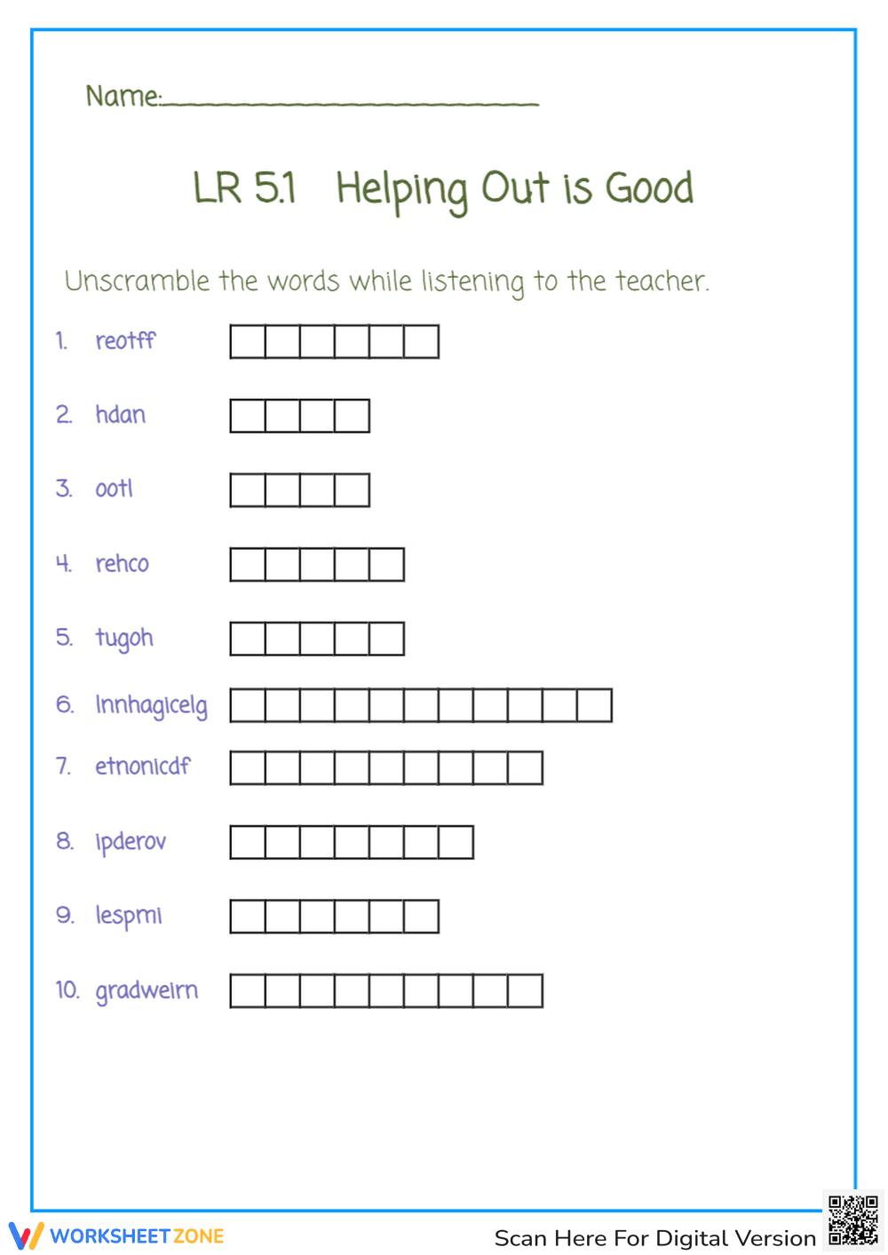 Kindergarten Word Scramble | Essential ELA Worksheet - Page 1