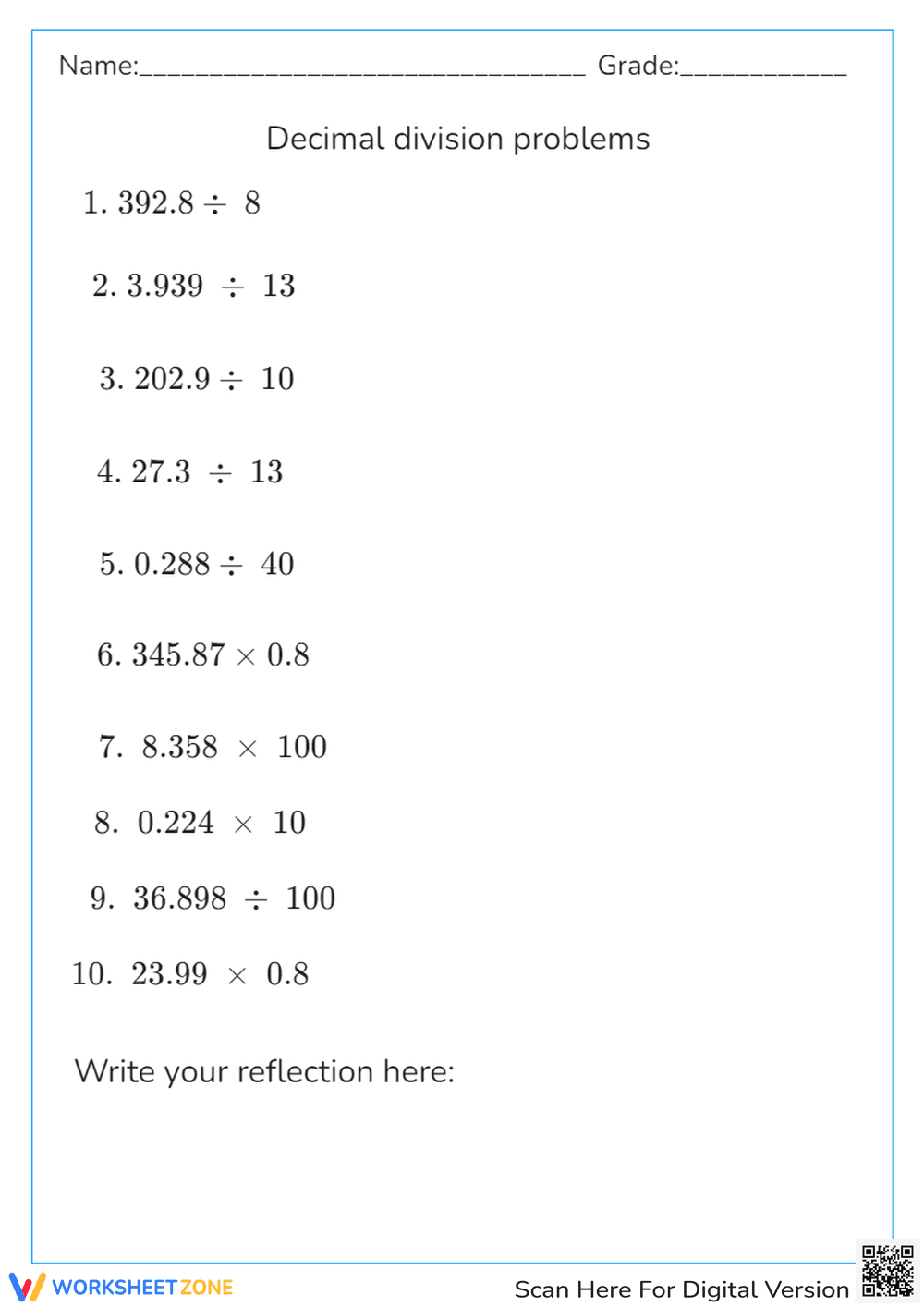 Math decimal worksheet - Page 1