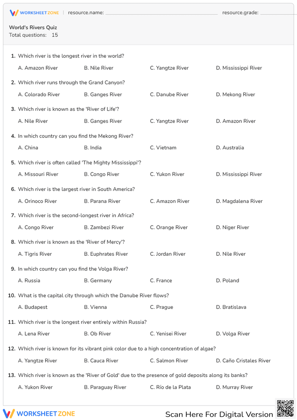 World's Rivers Quiz | Essential Grade 3-5 Geography - Page 1
