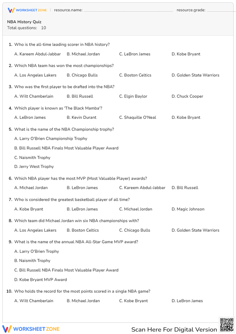 NBA History Quiz — Printable Grade 4-6 Worksheet - Page 1