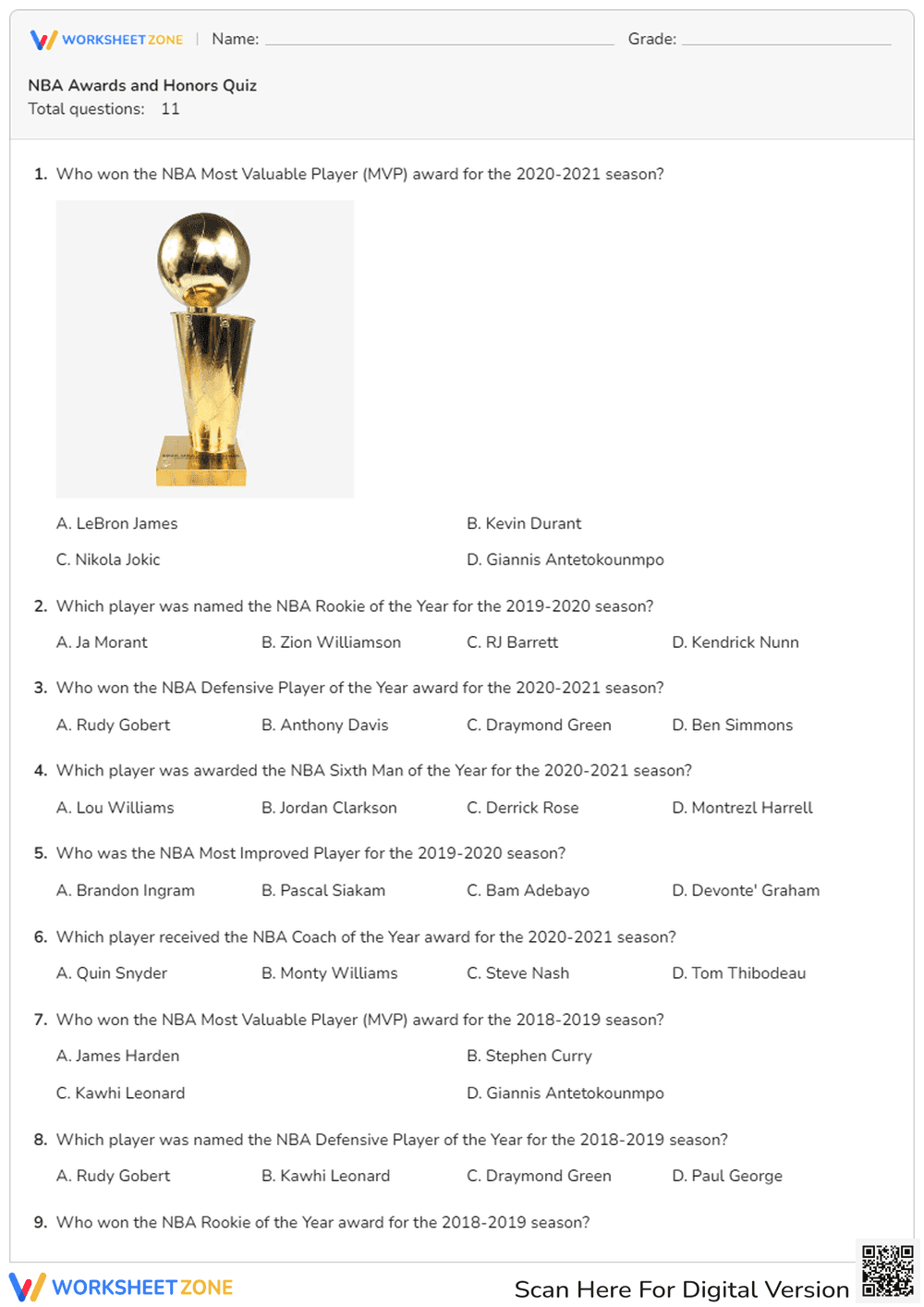 NBA Awards Quiz | Essential Grade 6-8 ELA Worksheet - Page 1