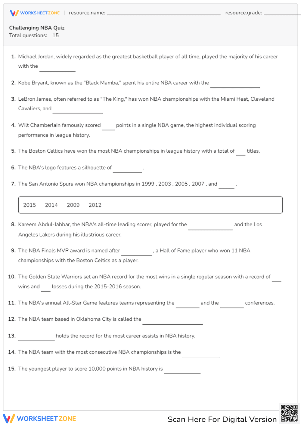 Challenging NBA Quiz | Grade 5 Printable Worksheet - Page 1