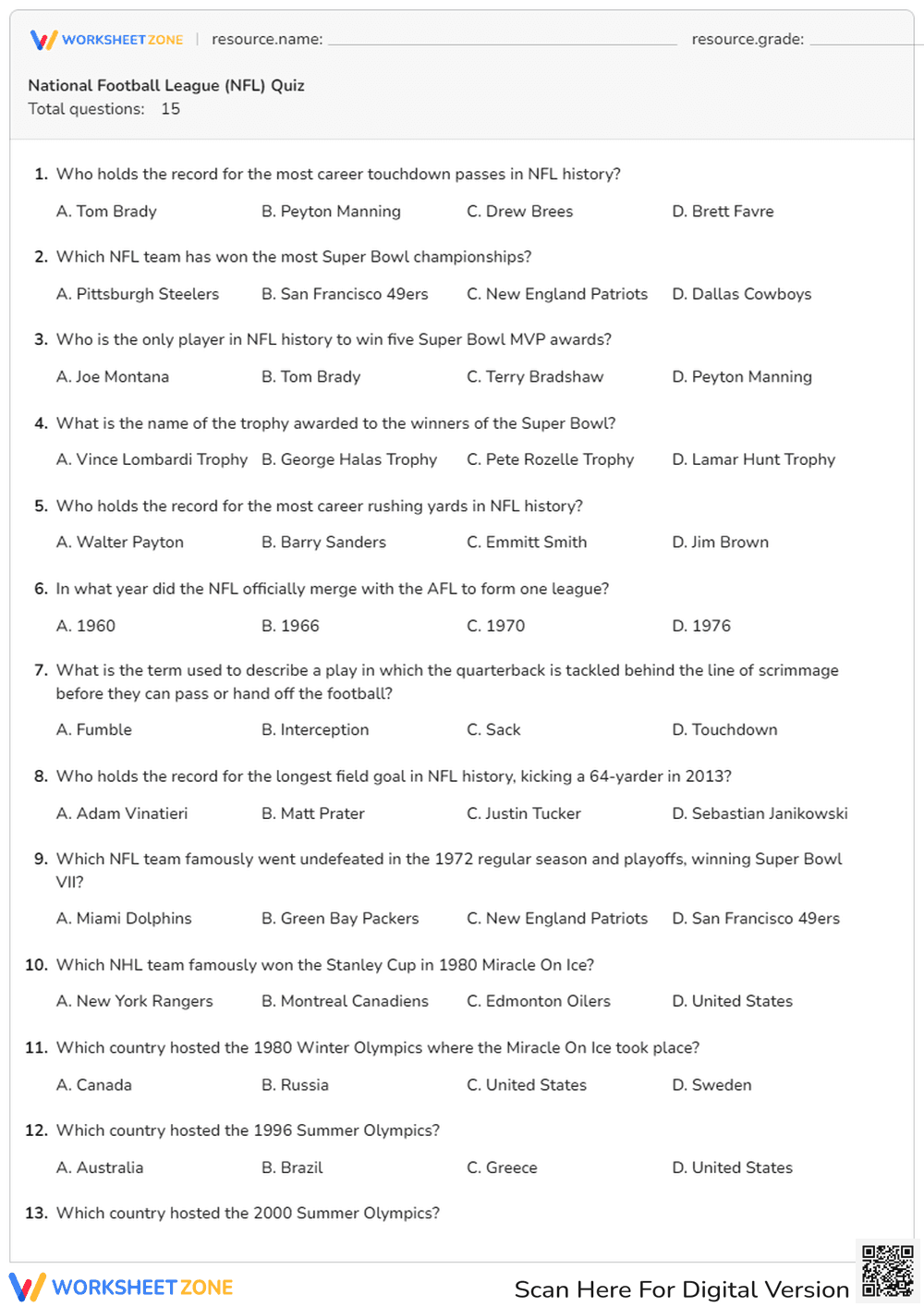 National Football League Quiz - Page 1