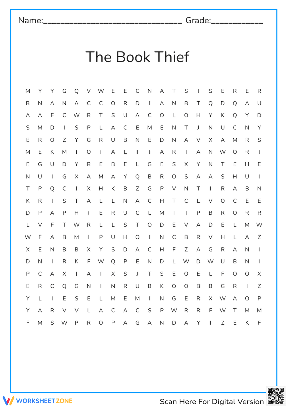 Grade 9 The Book Thief Word Search — Printable Worksheet - Page 1
