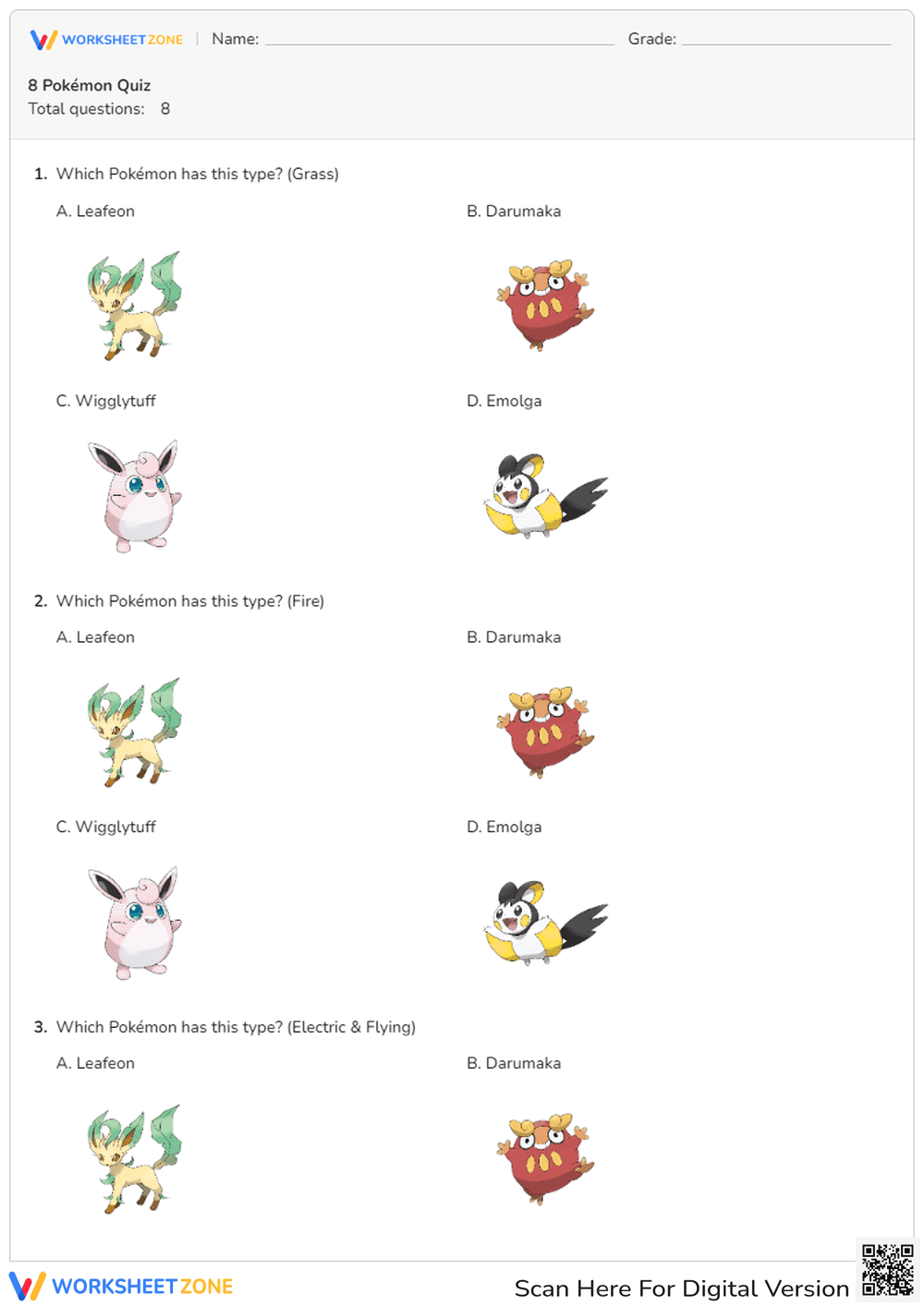 Grade 1 Pokémon Quiz — Printable No-Prep Worksheet - Page 1