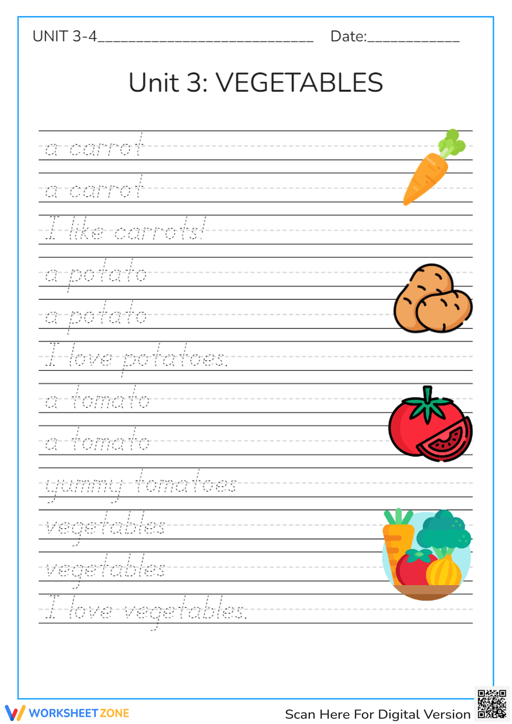 Vegetables Cursive Writing Practice for Kids - Page 1